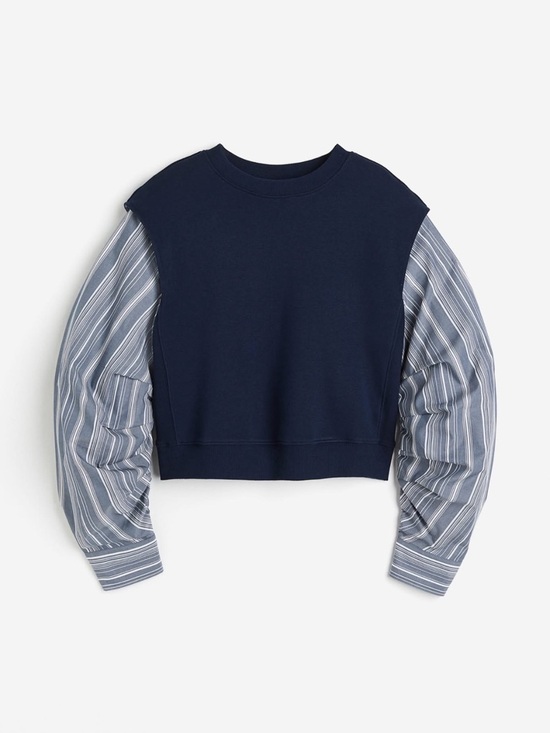 H&M Sweaters - H&M Navy Cropped Sweatshirt with Striped Balloon Sleeves size s